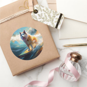 Alaskan Malamute Beach Surfing Painting  Classic Round Sticker