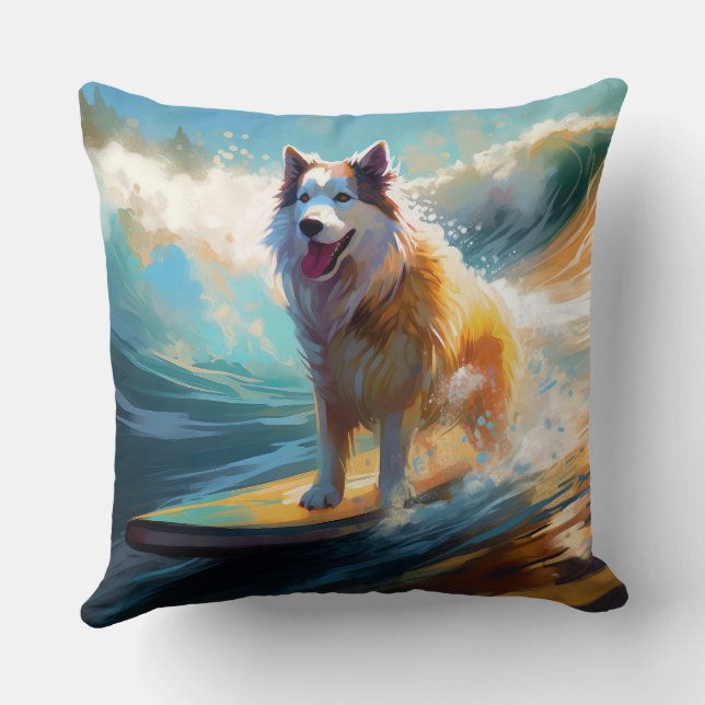 Alaskan Malamute Beach Surfing Painting  Cushion (Back)