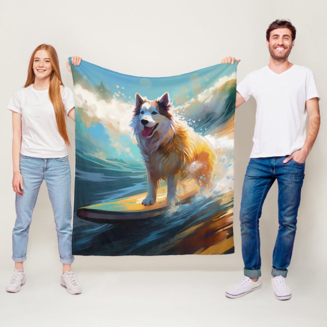 Alaskan Malamute Beach Surfing Painting  Fleece Blanket (In Situ)