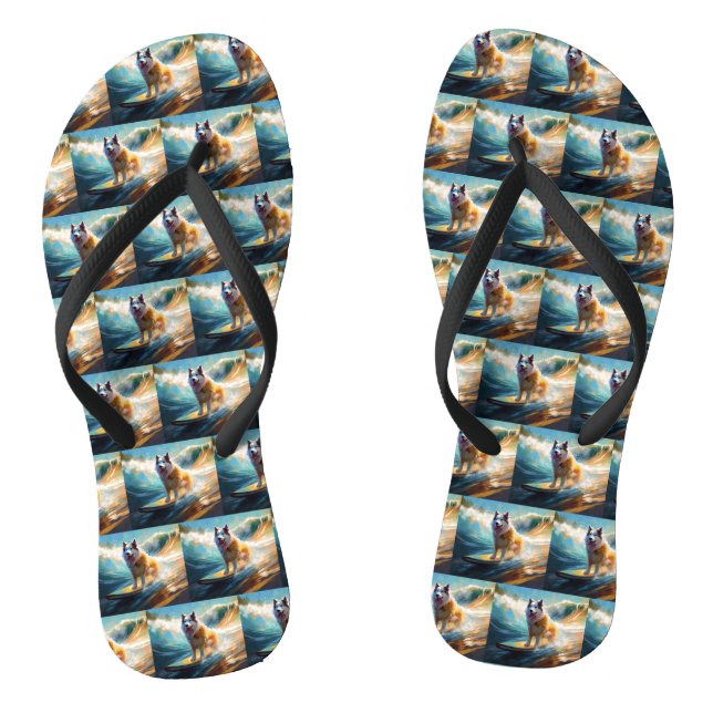 Alaskan Malamute Beach Surfing Painting  Flip Flops (Footbed)