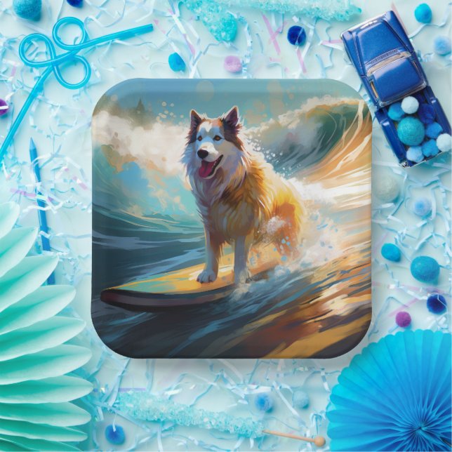 Alaskan Malamute Beach Surfing Painting  Paper Plate (Party)