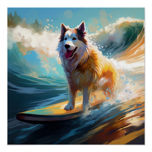 Alaskan Malamute Beach Surfing Painting  Poster (Front)