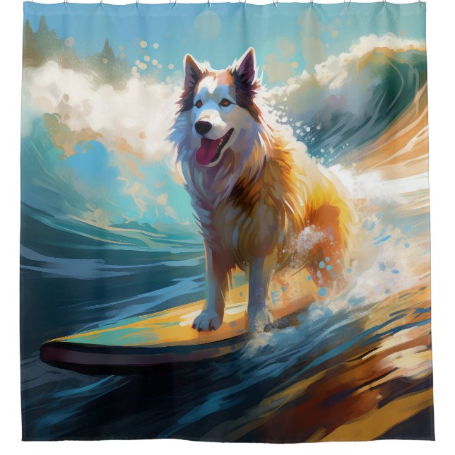 Alaskan Malamute Beach Surfing Painting  Shower Curtain (Front)