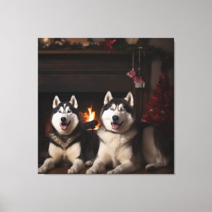 Alaskan Malamute by the Fireplace Christmas Canvas Print