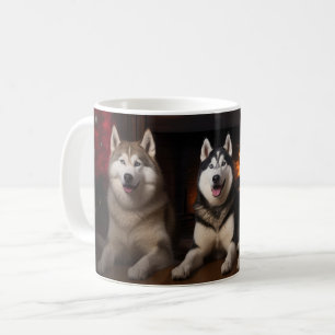 Alaskan Malamute by the Fireplace Christmas Coffee Mug