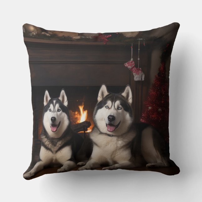 Alaskan Malamute by the Fireplace Christmas Cushion (Back)