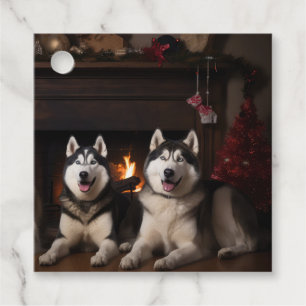 Alaskan Malamute by the Fireplace Christmas Favour Tags