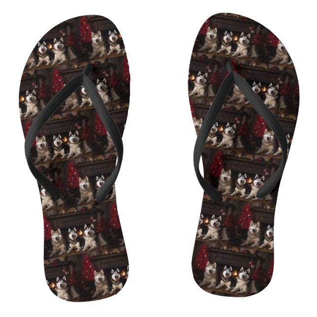 Alaskan Malamute by the Fireplace Christmas Flip Flops (Footbed)