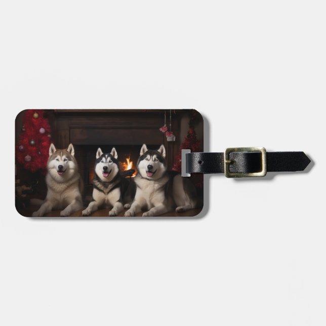 Alaskan Malamute by the Fireplace Christmas Luggage Tag (Front Horizontal)