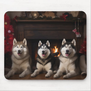 Alaskan Malamute by the Fireplace Christmas Mouse Mat