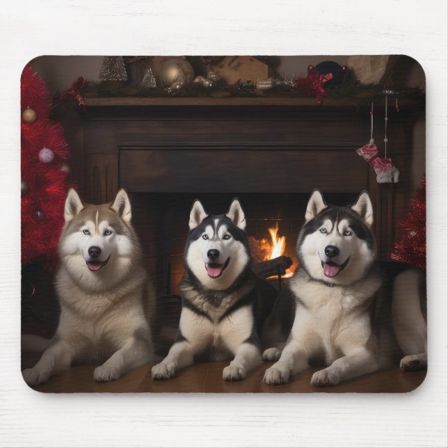 Alaskan Malamute by the Fireplace Christmas Mouse Mat (Front)