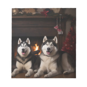 Alaskan Malamute by the Fireplace Christmas Notepad