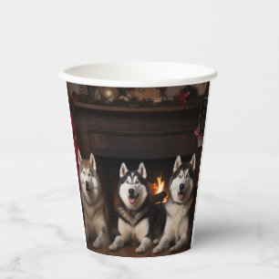 Alaskan Malamute by the Fireplace Christmas Paper Cups