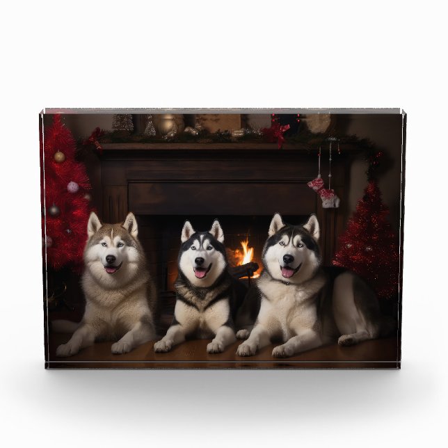 Alaskan Malamute by the Fireplace Christmas Photo Block (Front)