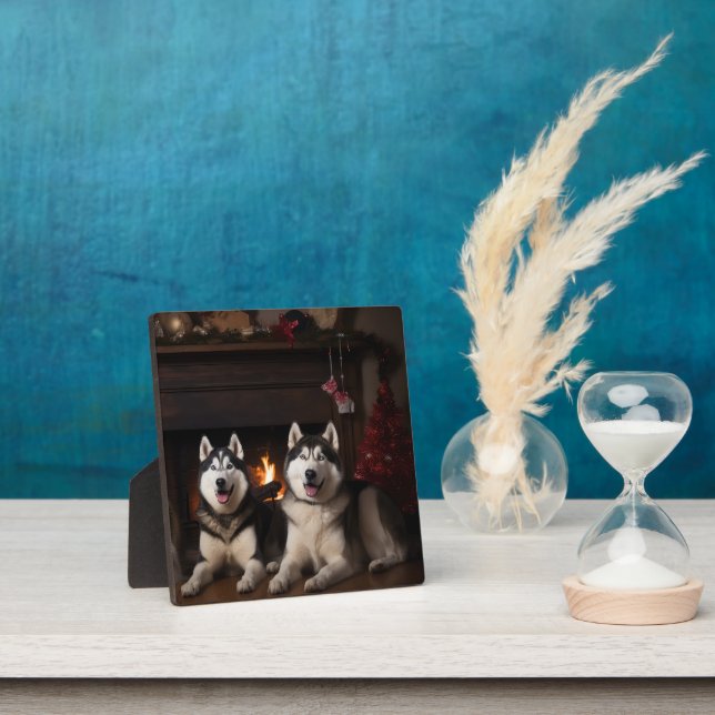 Alaskan Malamute by the Fireplace Christmas Plaque (Insitu)