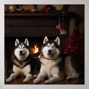 Alaskan Malamute by the Fireplace Christmas Poster
