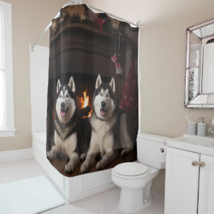 Alaskan Malamute by the Fireplace Christmas Shower Curtain