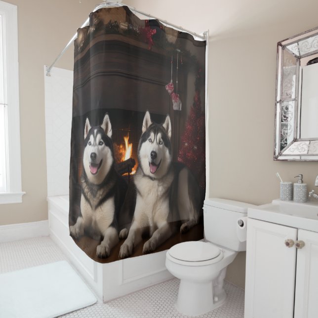 Alaskan Malamute by the Fireplace Christmas Shower Curtain (In Situ)