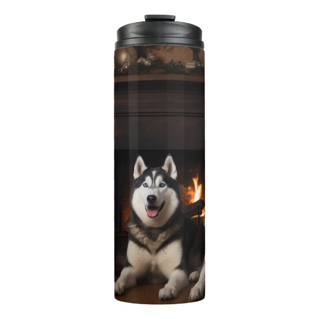 Alaskan Malamute by the Fireplace Christmas Thermal Tumbler (Front)