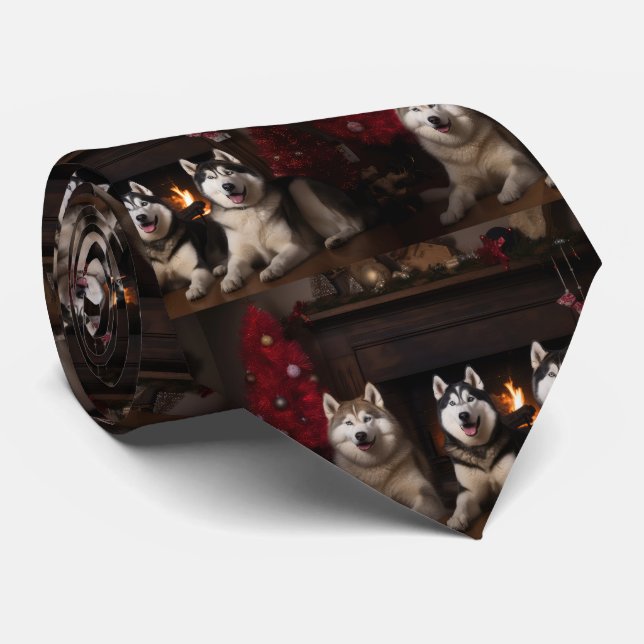 Alaskan Malamute by the Fireplace Christmas Tie (Rolled)