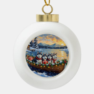 Alaskan Malamute Christmas Boat Holiday Ceramic Ball Christmas Ornament
