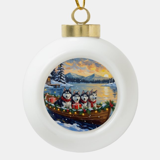 Alaskan Malamute Christmas Boat Holiday Ceramic Ball Christmas Ornament (Front)