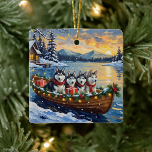 Alaskan Malamute Christmas Boat Holiday Ceramic Ornament