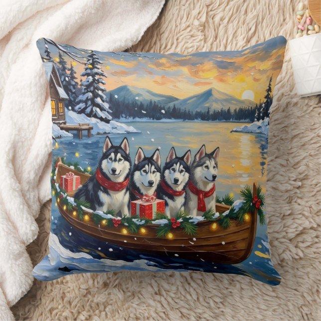 Alaskan Malamute Christmas Boat Holiday Cushion (Blanket)