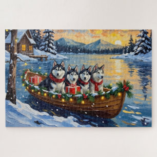 Alaskan Malamute Christmas Boat Holiday Jigsaw Puzzle
