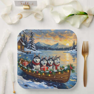 Alaskan Malamute Christmas Boat Holiday Paper Plate