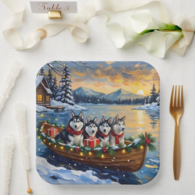 Alaskan Malamute Christmas Boat Holiday Paper Plate (Wedding)
