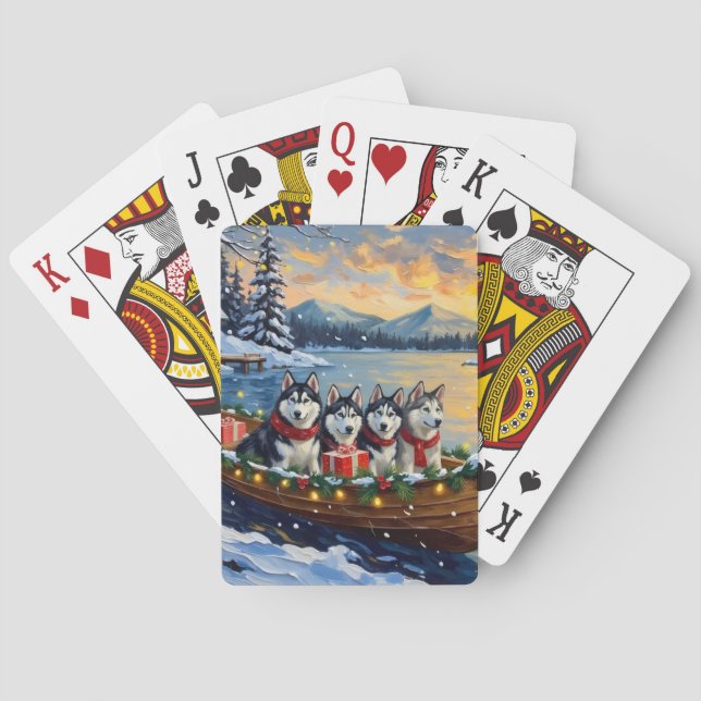 Alaskan Malamute Christmas Boat Holiday Playing Cards (Back)
