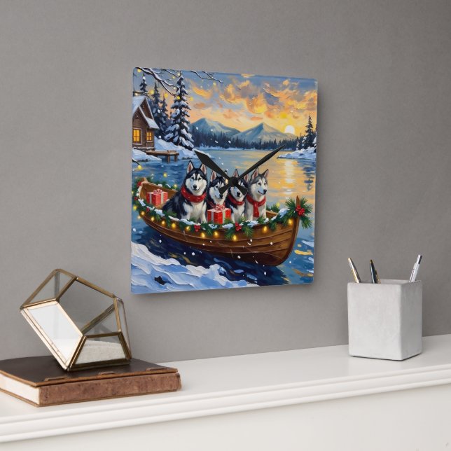 Alaskan Malamute Christmas Boat Holiday Square Wall Clock (Office)