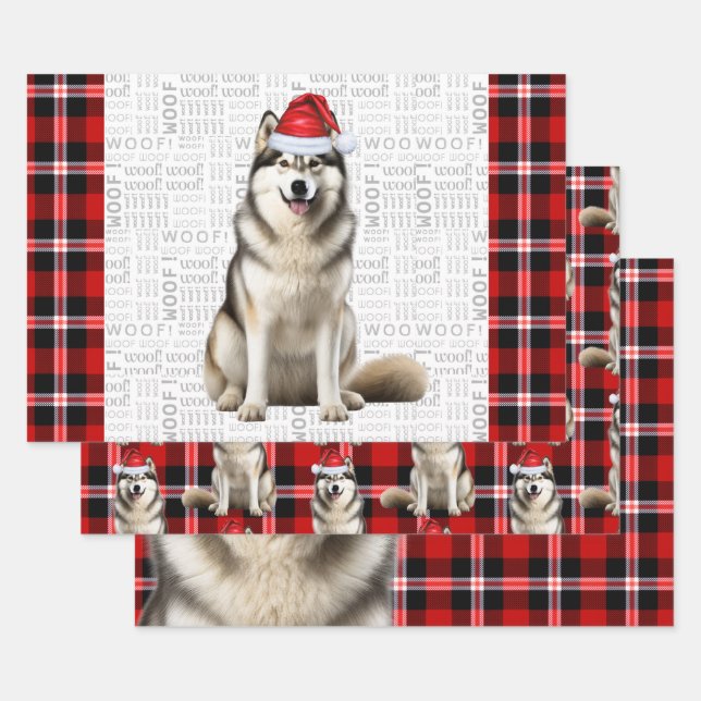 Alaskan Malamute Christmas Dog Red Holiday Plaid Wrapping Paper Sheet (Set)