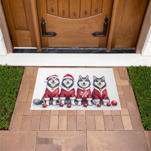 Alaskan Malamute Christmas Dress Santa Hat Doormat (Outdoor)