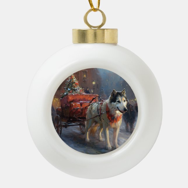 Alaskan Malamute Christmas Festive Season Ceramic Ball Christmas Ornament (Front)
