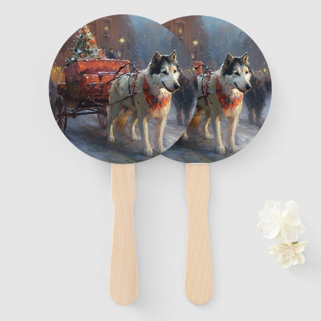 Alaskan Malamute Christmas Festive Season Hand Fan (Front and Back)