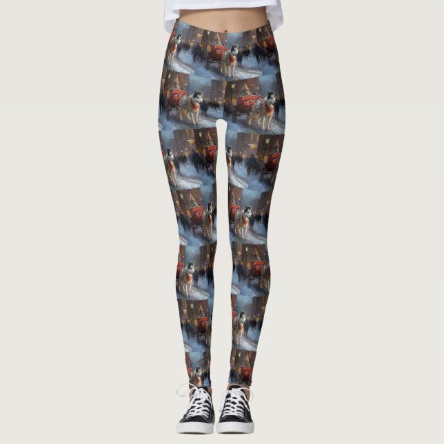 Alaskan Malamute Christmas Festive Season Leggings (Front)