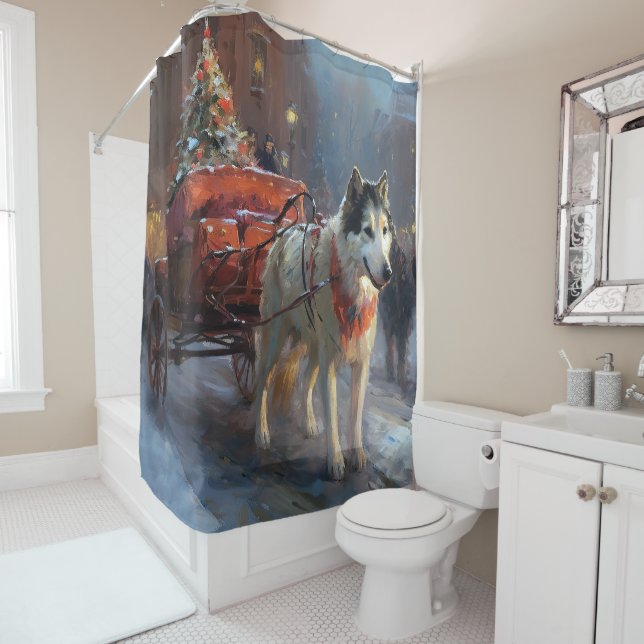 Alaskan Malamute Christmas Festive Season Shower Curtain (In Situ)
