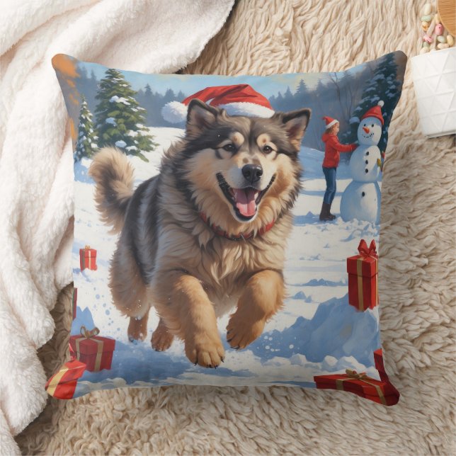 Alaskan Malamute Christmas Festive Snow Scene Cushion (Blanket)
