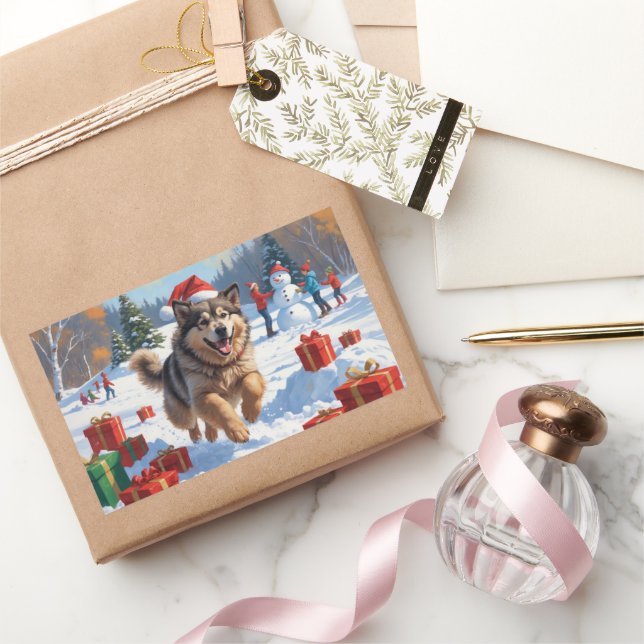 Alaskan Malamute Christmas Festive Snow Scene Rectangular Sticker (Gifting)