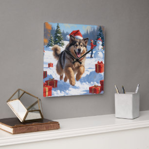 Alaskan Malamute Christmas Festive Snow Scene Square Wall Clock