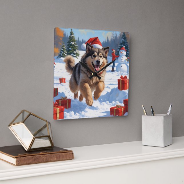Alaskan Malamute Christmas Festive Snow Scene Square Wall Clock (Office)