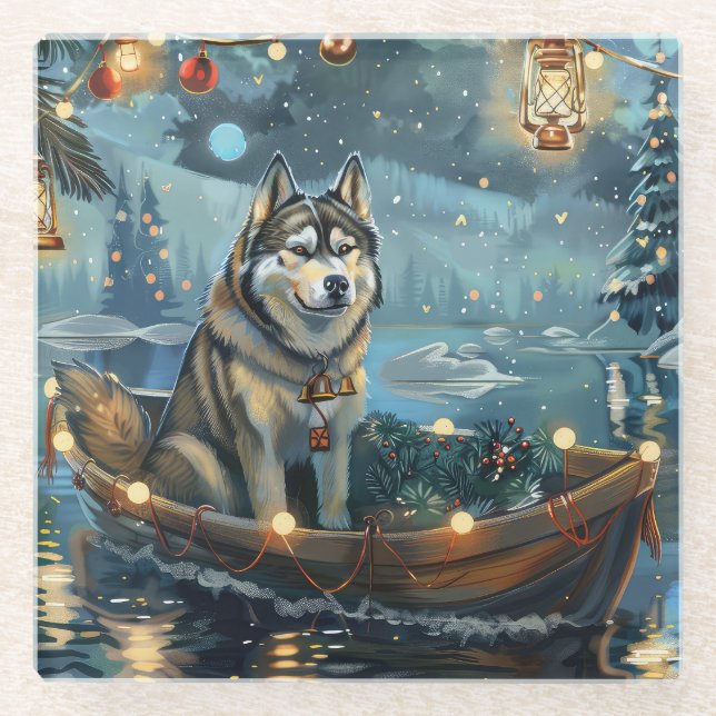 Alaskan Malamute Christmas Festive Voyage Glass Coaster (Front)