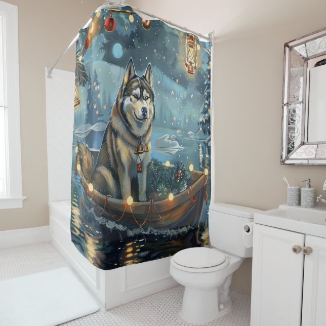 Alaskan Malamute Christmas Festive Voyage Shower Curtain (In Situ)