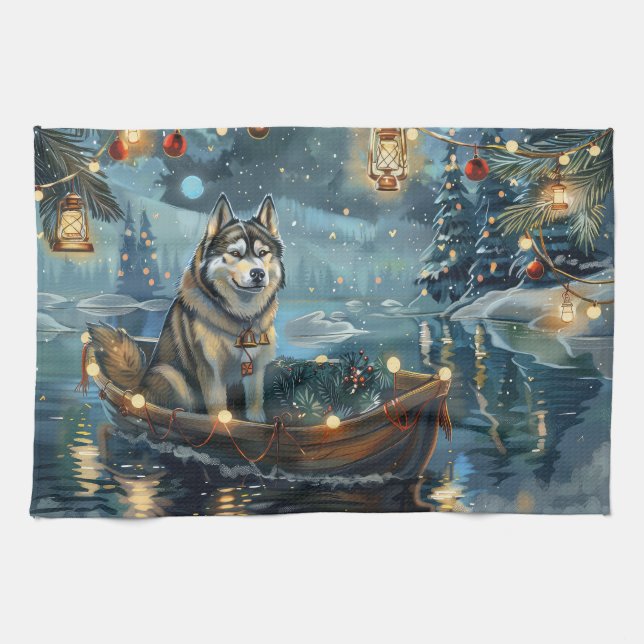 Alaskan Malamute Christmas Festive Voyage Tea Towel (Horizontal)