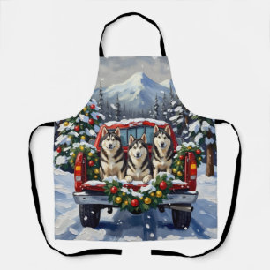 Alaskan Malamute Christmas Red Truck Holiday Apron
