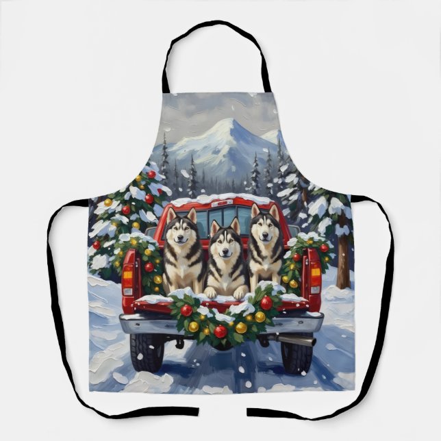 Alaskan Malamute Christmas Red Truck Holiday Apron (Front)