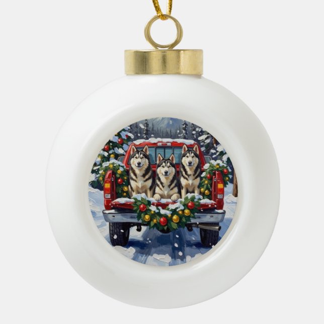 Alaskan Malamute Christmas Red Truck Holiday Ceramic Ball Christmas Ornament (Front)