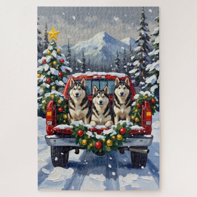 Alaskan Malamute Christmas Red Truck Holiday Jigsaw Puzzle (Vertical)